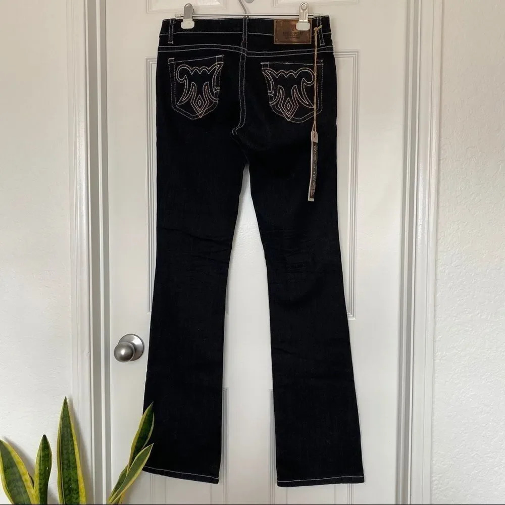 NWT Mek Denim Getty Slim Boot Dark Wash White Stitch Wide Leg Women’s Jeans - Picture 10 of 10